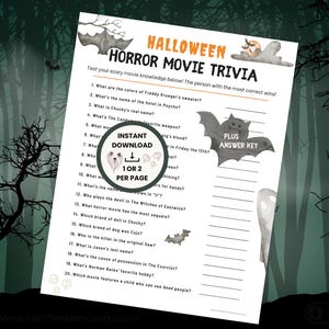 Halloween Movie Trivia Game, Adult Halloween Party Games for Work, Horror Movie Trivia + Answer Key, Scary Movie Quiz, Instant Download PDF