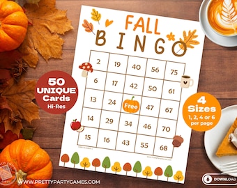 50 Fall Bingo Cards with Numbers, Autumn Printable Party Games, Cute Fall Activities, Church Harvest Festival Game, Instant Digital Download