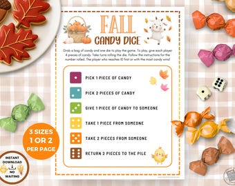 Fall Candy Dice Game for Kids, Fun Autumn Party Games for Classrooms, Easy Printable Party Games for Young Children for Fall Birthday Party