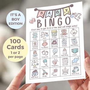 100 jongens babyshower bingo met foto's, 100 digitale bingokaarten, It's a Boy Gender Reveal-spellen, nieuwe moederfeestspellen, direct downloaden