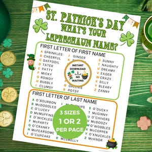 Whats Your Leprechaun Name Game, Party Printable, Classroom Activity, St. Patrick&#39;s Day Party Games For Kids & Adults, Instant Download PDF