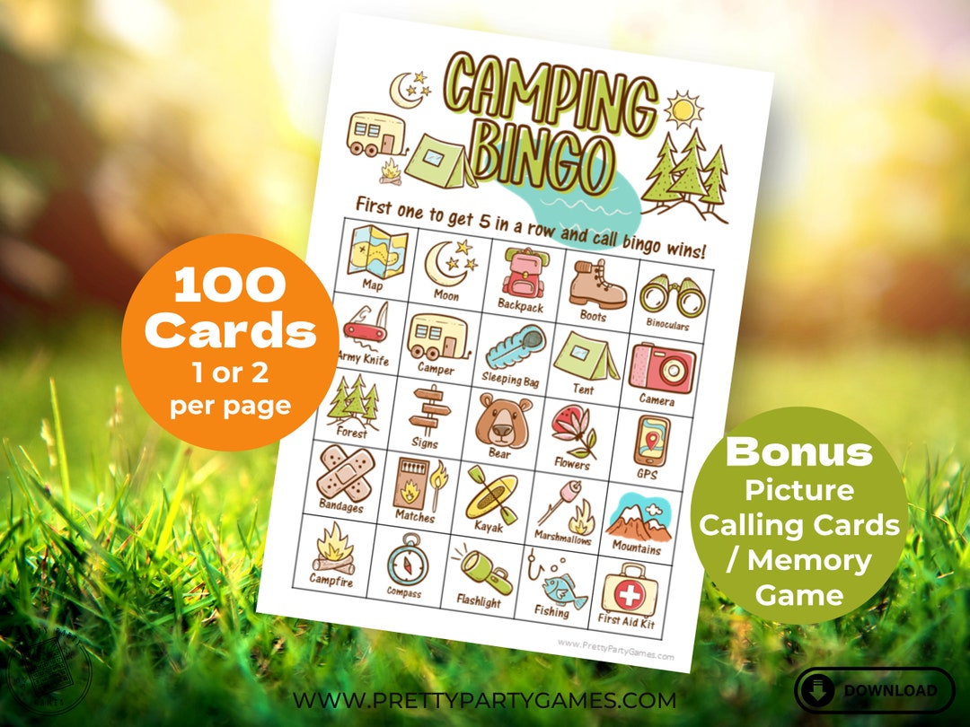100 Camping Bingo Cards, Bingo Game Printable, Summer Camping Trip ...