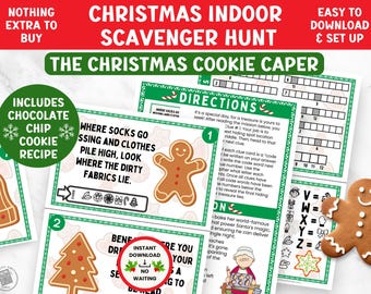 Könnte beinhalten: Ein weihnachtliches Indoor-Schnitzeljagd-Spiel mit dem Titel The Christmas Cookie Caper, bestehend aus gedruckten Hinweiskarten mit Lebkuchenmann- und Baumillustrationen, einem Schokoladenkeks-Rezept und einem Code-Knack-Blatt.