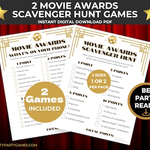 2 Movie Awards Party Games, Photo Scavenger Hunt + What's On Your Phone Game, Party Games for Teens, Tween, Kids & Adults, Instant Download