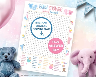 Baby Shower Word Search Puzzle And Solution, Printable Baby Shower Party Games, Fun Baby Girl or Baby Boy Surprise Pregnancy Reveal Activity