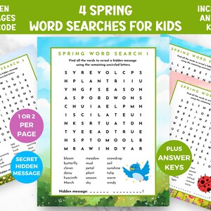 May include: Four printable spring-themed word search puzzles for kids. Each puzzle features a grid of letters with spring-related words to find. The puzzles include answer keys. The image shows a bluebird, a ladybug, and a green background.