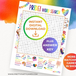May include: A printable Pride word search puzzle with a rainbow color scheme. The puzzle features words related to LGBTQ+ pride, such as "equality", "love", "diversity", and "inclusion". The puzzle also includes an answer key.