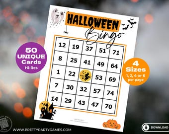50 Halloween Themed Bingo Cards with Numbers, Printable Party Games, Cute Halloween Bingo Cards For Kids, 1 2 4 6 Per Page, Instant Download