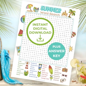 Summer Word Search Puzzle And Solution, Wordsearch Puzzles for Kids Teens Adults & Seniors, Fun Beach Party Activity for Birthday Pool Party