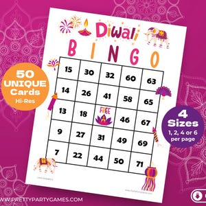 50 cartelle bingo a tema Diwali con numeri, giochi di società stampabili, graziosi giochi del festival della luce per bambini, 1 2 4 6 per pagina, download immediato