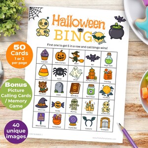 May include: A Halloween Bingo game card with various themed illustrations, including a jack-o'-lantern, witch, and spider. The card also features text that reads "Halloween BING" and "First one to get 5 in a row and call bingo wins!"