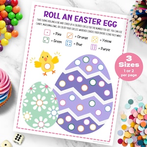 Puede incluir: Juego de huevos de Pascua imprimible con un pollito, dos huevos y un dado. Las instrucciones del juego dicen que se turnan para tirar un dado y cubrir un círculo de color para el número que obtengan. Puedes usar caramelos, malvaviscos o colorear tus círculos. ¡Quien cubra toda su escena primero gana! Hay tres tamaños, 1 o 2 por página.