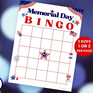 Memorial Day blanco afdrukbare bingokaart, Memorial Day-feestspellen, blanco bingokaarten voor douches, leuk doe-het-bingoblad, directe download pdf