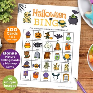 Puede incluir: Una hoja de juego de Bingo de Halloween con ilustraciones coloridas de elementos temáticos de Halloween. La hoja incluye el texto "Halloween BING" y varias imágenes como calabazas, murciélagos y fantasmas. El juego incluye 100 cartas, 1 o 2 por página y 40 imágenes únicas.