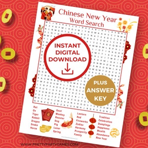 Ricerca di parole per il capodanno cinese stampabile per bambini e adulti + chiave di risposta, divertenti attività per il capodanno lunare in famiglia, giochi per feste con download immediato