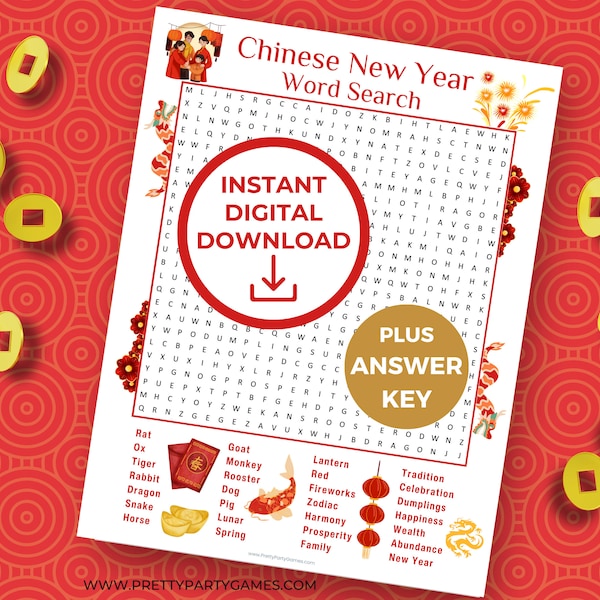 Chinese New Year Word Search Printable For Kids & Adults + Answer Key, 2024 Dragon Chinese New Year Activities, Digital Download Party Games