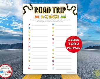 May include: A white printable "Road Trip A-Z Race" game sheet with a road and car graphic. The game sheet has the alphabet listed with lines to write on. A red circle indicates the game is available in 3 sizes, 1 or 2 per page.