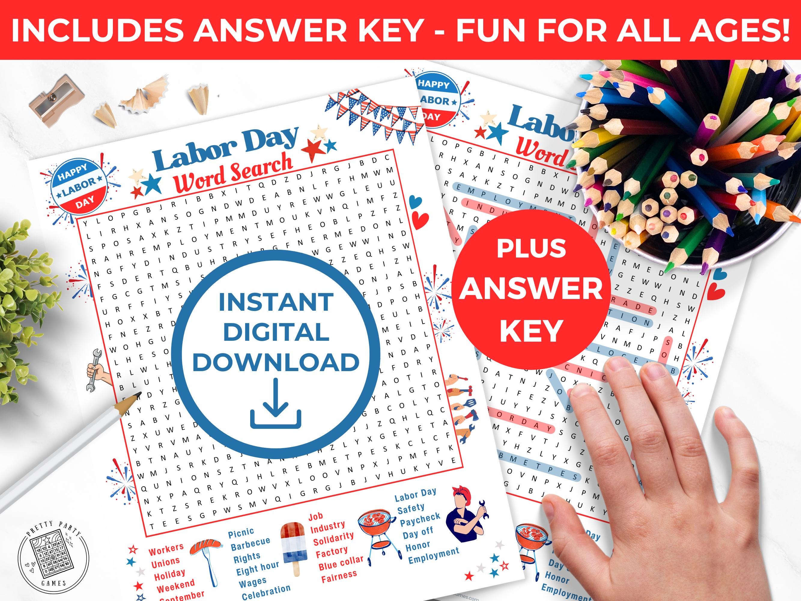 Labor Day Word Search Puzzle and Solution, Labor Day Games for Kids ...
