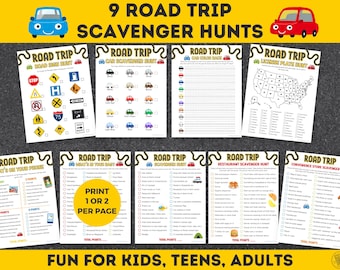 Road Trip Scavenger Hunt Bundle, 9 Roadtrip Scavenger Hunts For Kindergarten Kids Tweens Teens & Adults, Busy Family Vacation Travel Games
