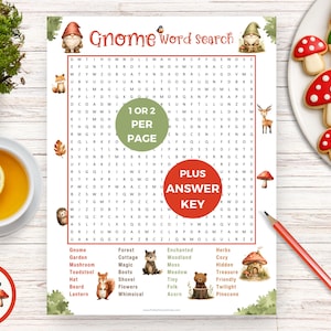 May include: A whimsical gnome-themed word search puzzle with the text "Gnome word search" and a list of related words. Includes an answer key. A cup of tea with lemon and a plate of gnome and mushroom cookies are also in the image.