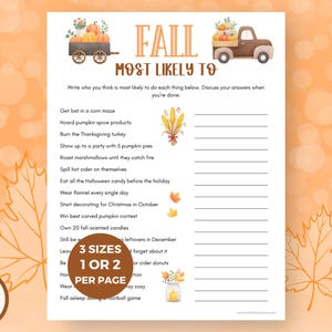 Rolig höstlek med vem som är mest sannolikt att spela, utskrivbart gruppspel för isbrytare för tonåringar och vuxna, höstlekar för kontorsfester, idéer för familjeåterförening