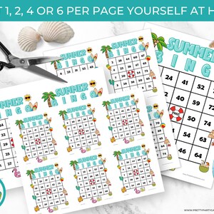 May include: Summer Bingo game sheets with beach-themed graphics, including palm trees, surfboards, and sunglasses. The text "Summer Bingo" is displayed prominently. The image also includes scissors, seashells, and a starfish.