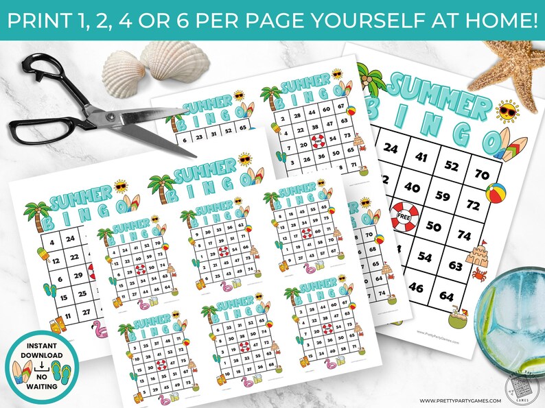 May include: Summer Bingo game sheets with beach-themed graphics, including palm trees, surfboards, and sunglasses. The text "Summer Bingo" is displayed prominently. The image also includes scissors, seashells, and a starfish.