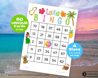 50 Hawaiian Luau Bingo Cards, Tropical Printable Party Games, Aloha Birthday Party Activities for Kids, 1 2 4 6 Per Page, Instant Download