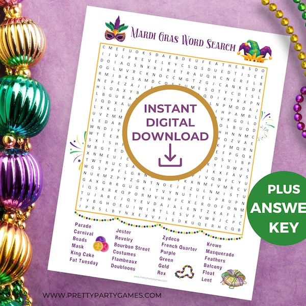 Mardi Gras Word Search Puzzle + Answer Key, Mardi Gras Activities For Kids & Adults, Happy Mardi Gras Printable Game, Digital Download PDF