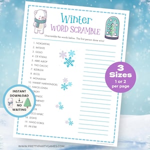 May include: A printable winter word scramble game featuring a cute polar bear illustration. The game includes 20 words to unscramble. The text on the page reads "Winter Word Scramble" and "Unscramble the words below. The first person done wins!" The game is available in 3 sizes: 1 or 2 per page.