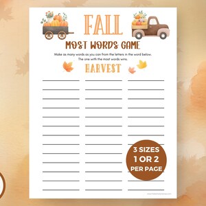 Könnte beinhalten: Ein druckbares Herbst-Themenspielblatt mit dem Text "FALL MOST WORDS GAME" und dem Wort "HARVEST". Das Blatt zeigt Illustrationen von Kürbissen in einem Wagen und einem Lastwagen. Der Text "3 SIZES 1 OR 2 PER PAGE" ist ebenfalls enthalten.