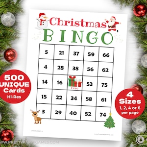 500 kerstbingokaarten met cijfers, leuk kerstbingospel voor grote groepen, partygames voor de feestdagen, 1 2 4 6 per pagina, direct downloaden