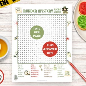 May include: A "Murder Mystery" word search puzzle with a red pencil, a cup of tea with lemon, and cookies shaped like fingerprints and magnifying glasses. The puzzle includes the text "1 or 2 per page" and "Plus Answer Key".