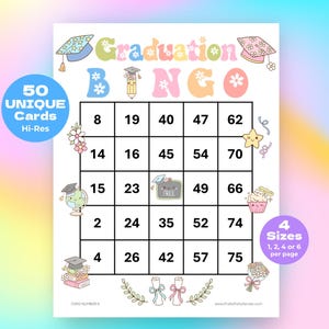 50 cartes de bingo pour l'obtention du diplôme, assez rétro groovy pastel bingo pour la fête de remise des diplômes, jeux de fête imprimables pour adultes et enfants, téléchargement immédiat