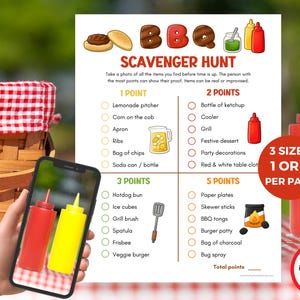 Op de afbeelding: Een BBQ-speurtochtspel met een checklist van te vinden items, waaronder een limonadekan, een grill en een hamburger. De afbeelding toont ook een rode en gele ketchup- en mosterdfles.