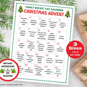 Christmas Bucket List Kids Printable, Cute Christmas Countdown Advent Calendar with Holiday Activities for Families, Instant Download PDF