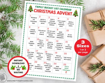 Calendario de Adviento de Navidad imprimible con lista de actividades para niños, lindo calendario de Adviento de cuenta regresiva con actividades navideñas para familias, descarga instantánea en PDF