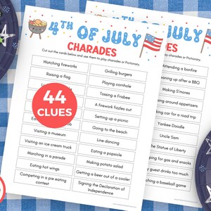 4th of July Charades Clues, Printable Independence Day Party Games for Adults, Fun Family Reunion Games for Groups, Summer BBQ Cookout Ideas