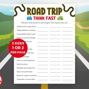Könnte beinhalten: Ein druckbares Roadtrip-Spiel mit dem Text "ROAD TRIP THINK FAST". Das Spiel enthält Kategorien wie "Snacks an einer Tankstelle" und "Dinge, die für einen Roadtrip eingepackt werden". Das Bild enthält auch den Text "3 GRÖSSEN 1 ODER 2 PRO SEITE".