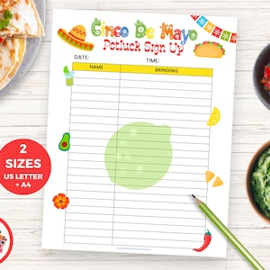 May include: A Cinco de Mayo potluck sign-up sheet with colorful illustrations of a sombrero, taco, and avocado. The sheet includes sections for date, name, and what to bring. Two sizes are available: US Letter and A4.