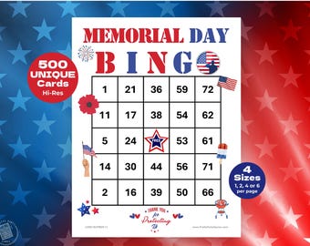 500 Memorial Day Bingo Cards, Printable Bingo Cards with Numbers, Memorial Day Games For The Office Party, Fun Games for Kids Adults Seniors