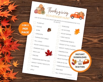 Thanksgiving Scavenger Hunt, Fall Indoor Simple Scavenger Hunt, Printable Party Games for Kids, Turkey Day Activities, Instant Download PDF