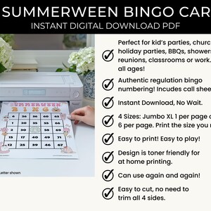 Może przedstawiać: Wydrukowana karta do bingo z napisem "SUMMERWEEN BINGO" wychodzi z białej drukarki. Karta ma siatkę z numerami i uroczą grafiką. U g&oacute;ry znajduje się napis "50 SUMMERWEEN BINGO CARDS".