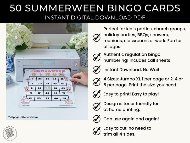Może przedstawiać: Wydrukowana karta do bingo z napisem "SUMMERWEEN BINGO" wychodzi z białej drukarki. Karta ma siatkę z numerami i uroczą grafiką. U g&oacute;ry znajduje się napis "50 SUMMERWEEN BINGO CARDS".