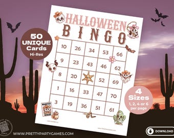 50 Little Boo Cowboy Ghost Halloween Bingo Cards with Numbers, Printable Party Games, Cute Bingo Sets, 1 2 4 or 6 Per Page, Instant Download