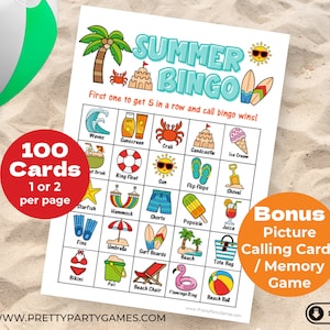 100 tarjetas de bingo de verano para fiestas en la playa, juego de bingo para fiestas en la piscina imprimible, juego de memoria con imágenes de verano adicional, actividades de verano para niños