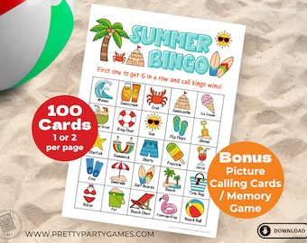 100 Summer Bingo Cards for Beach Parties, Pool Party Bingo Game Printable, Bonus Summertime Picture Memory Game, Summer Activities for Kids