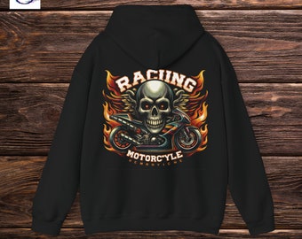 Sudadera con capucha de motocicleta Inferno Racer: una divertida sudadera con capucha de motocicleta personalizada única y minimalista con calavera de carreras y llamas para cualquier motociclista
