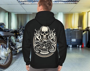 Sudadera con capucha de motocicleta Monochrome Blaze: una motocicleta de carreras personalizada única y minimalista divertida con sudadera con capucha de calavera y llamas para cualquier motociclista