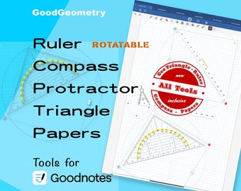 Ruler, compass, triangle, protractor. Rotatable and with exact dimensions. Complete geometry tool collection for Goodnotes.  Colored papers.